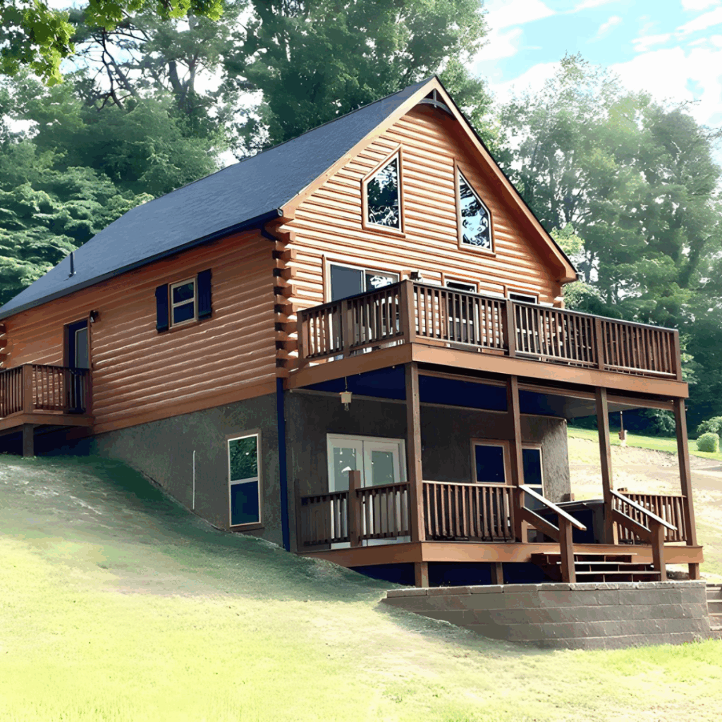 The back exterior of a Trophy Peak model home on walk out basement foundation with log siding