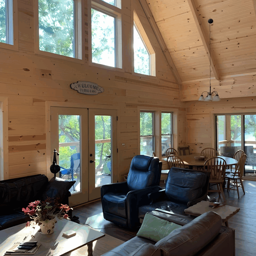 Living area with tall ceiling and multiple windows.