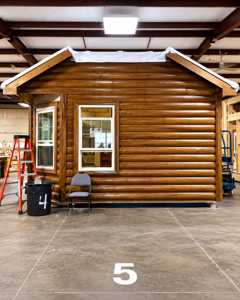 Indoor workshop with a log cabin display featuring two white-framed windows, a red ladder, a gray folding chair, a black trash can, and '5' painted on the floor.